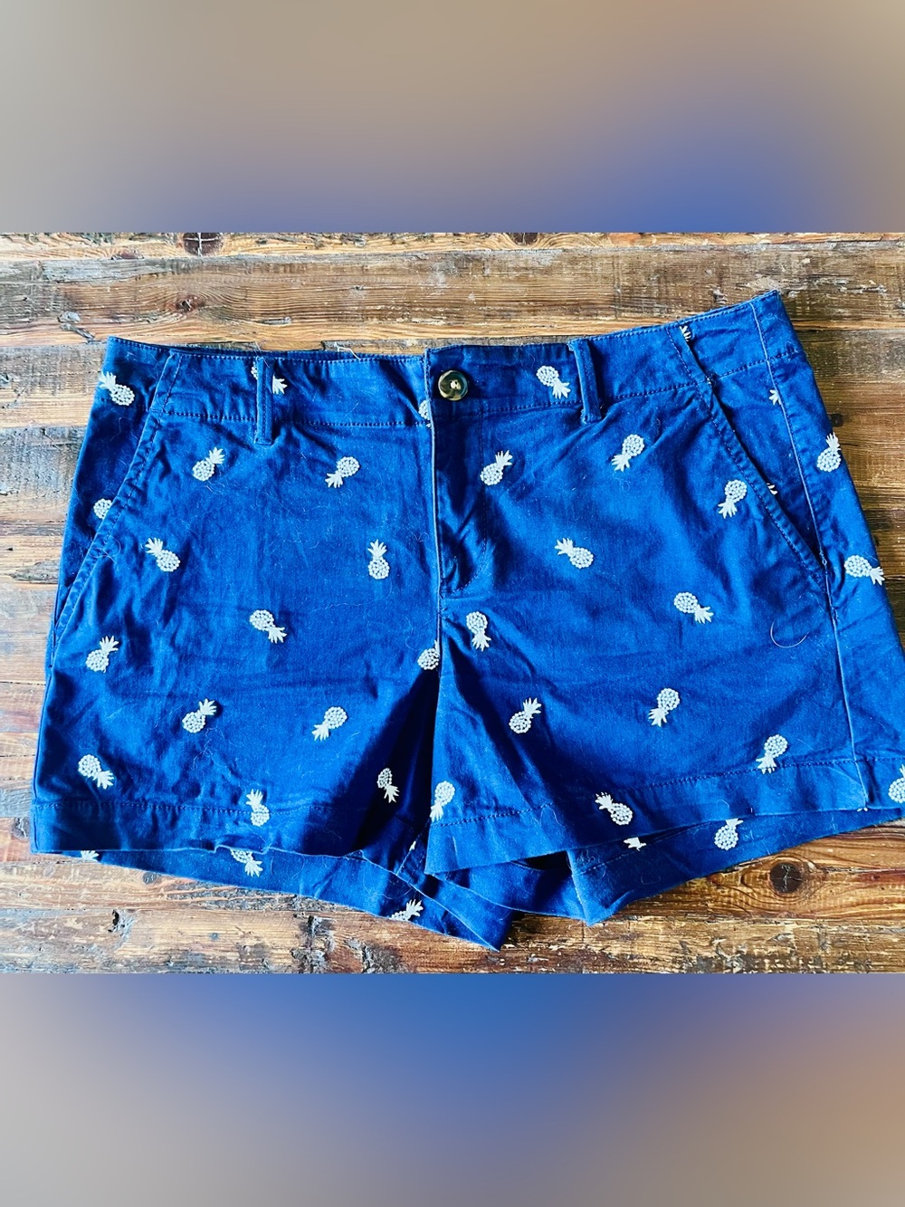 LOFT Navy Washed-Twill Shorts with White Pineapple Embroidery Sz 10 EUC